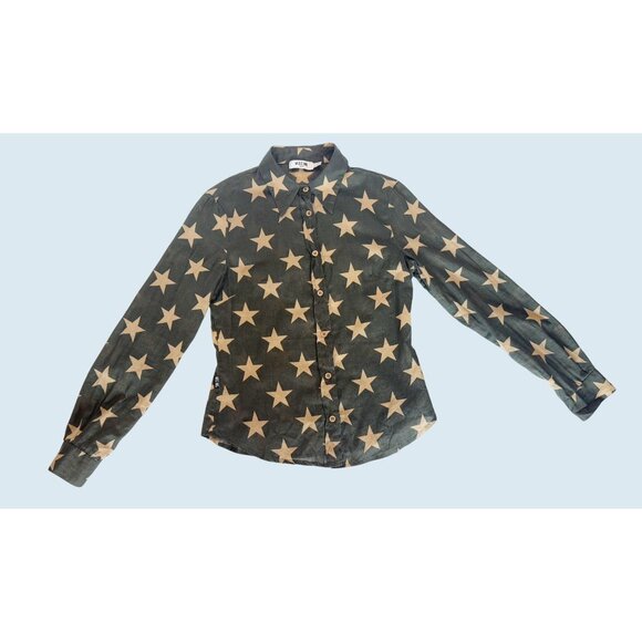 MOSCHINO Jeans Army Green Tan Star Full Button Top Blouse Size Small - Picture 2 of 8